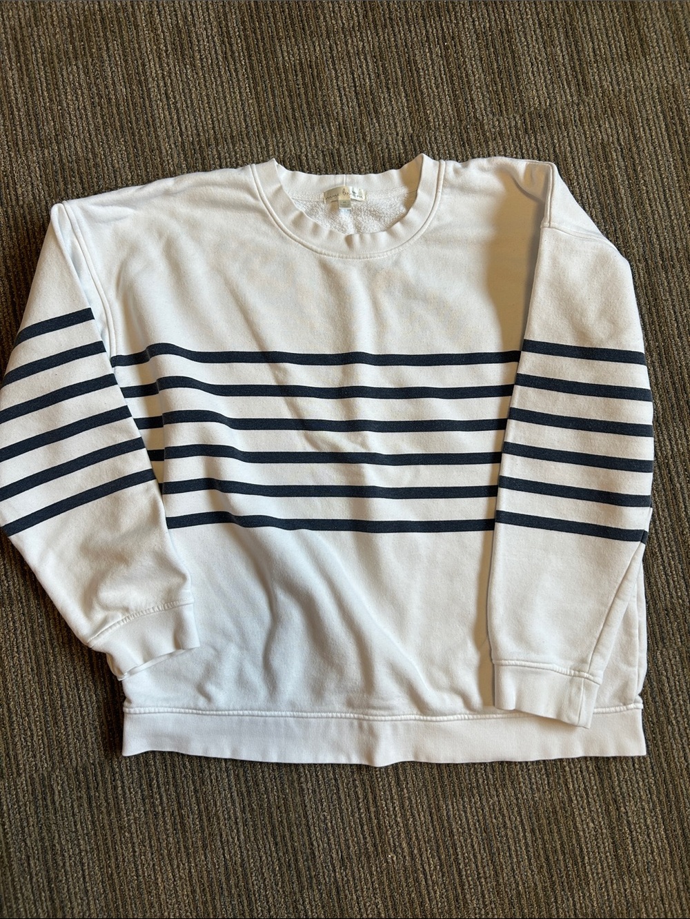 nine britton White Crewneck Sweatshirt with Navy Stripes